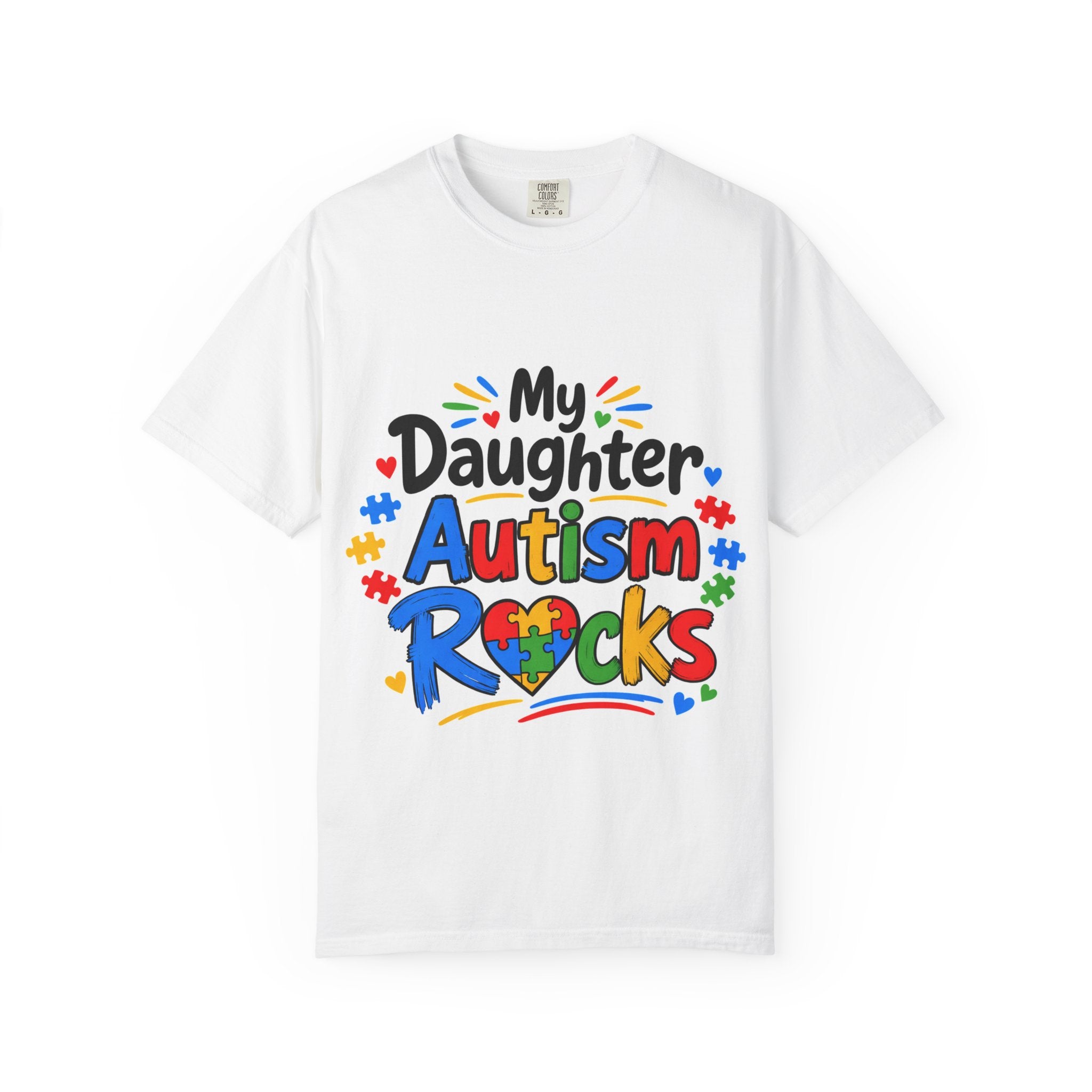 My Daughter Autism Rocks T-Shirt — Colorful Puzzle Heart Rock Sign Support Tee
