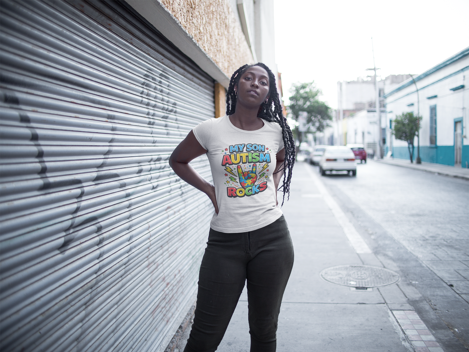 My Son Autism Rocks T-Shirt — Colorful Puzzle Heart Rock Sign Support Tee