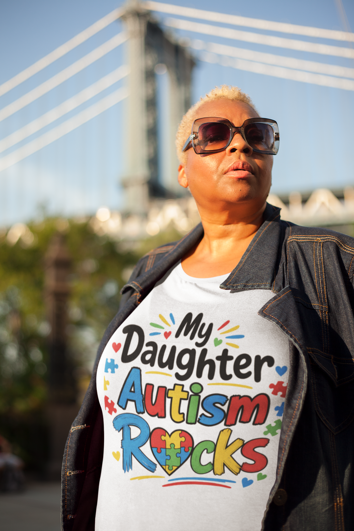 My Daughter Autism Rocks T-Shirt — Colorful Puzzle Heart Rock Sign Support Tee