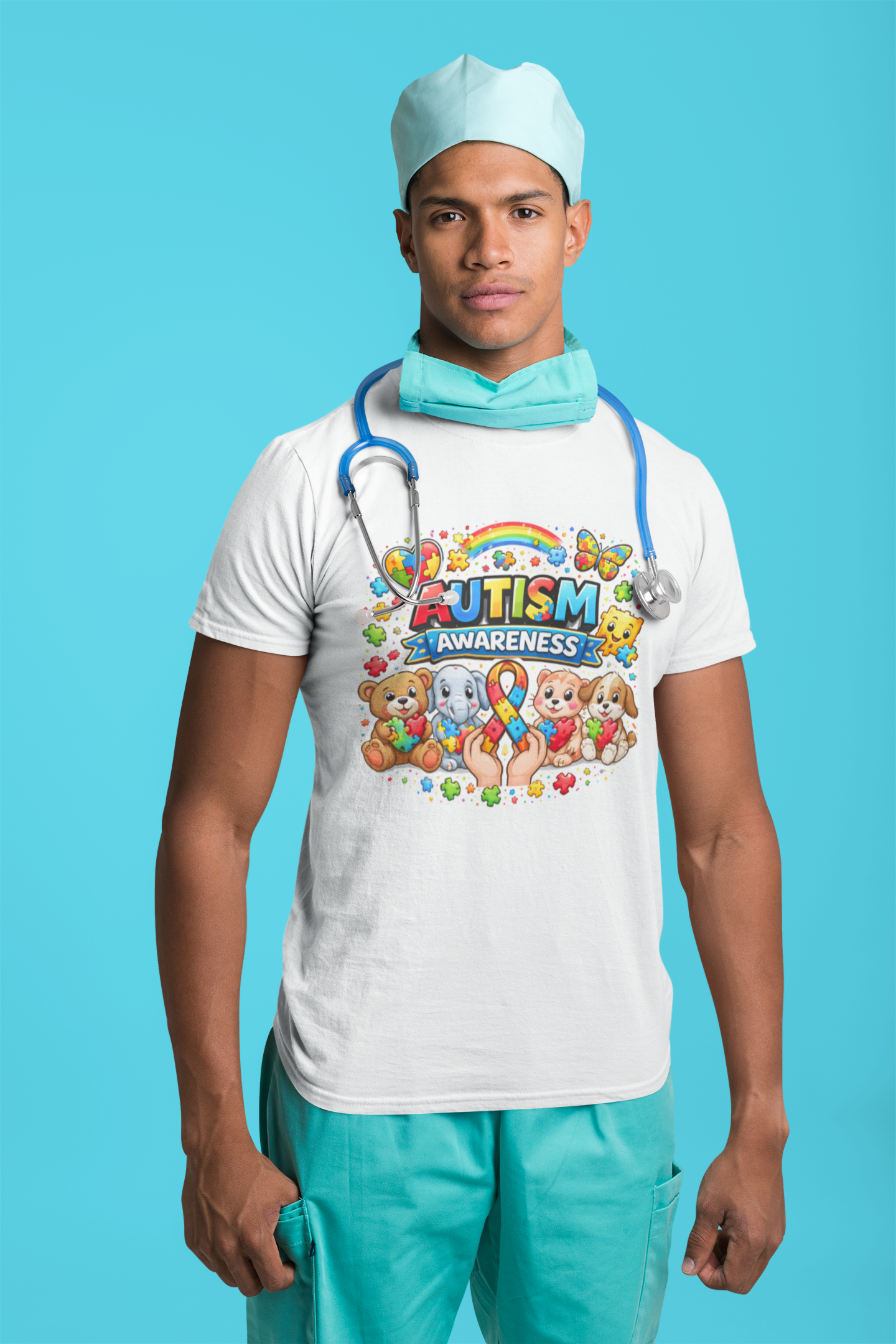 Autism Awareness T-shirt — Colorful Puzzle Ribbon & Cute Animals