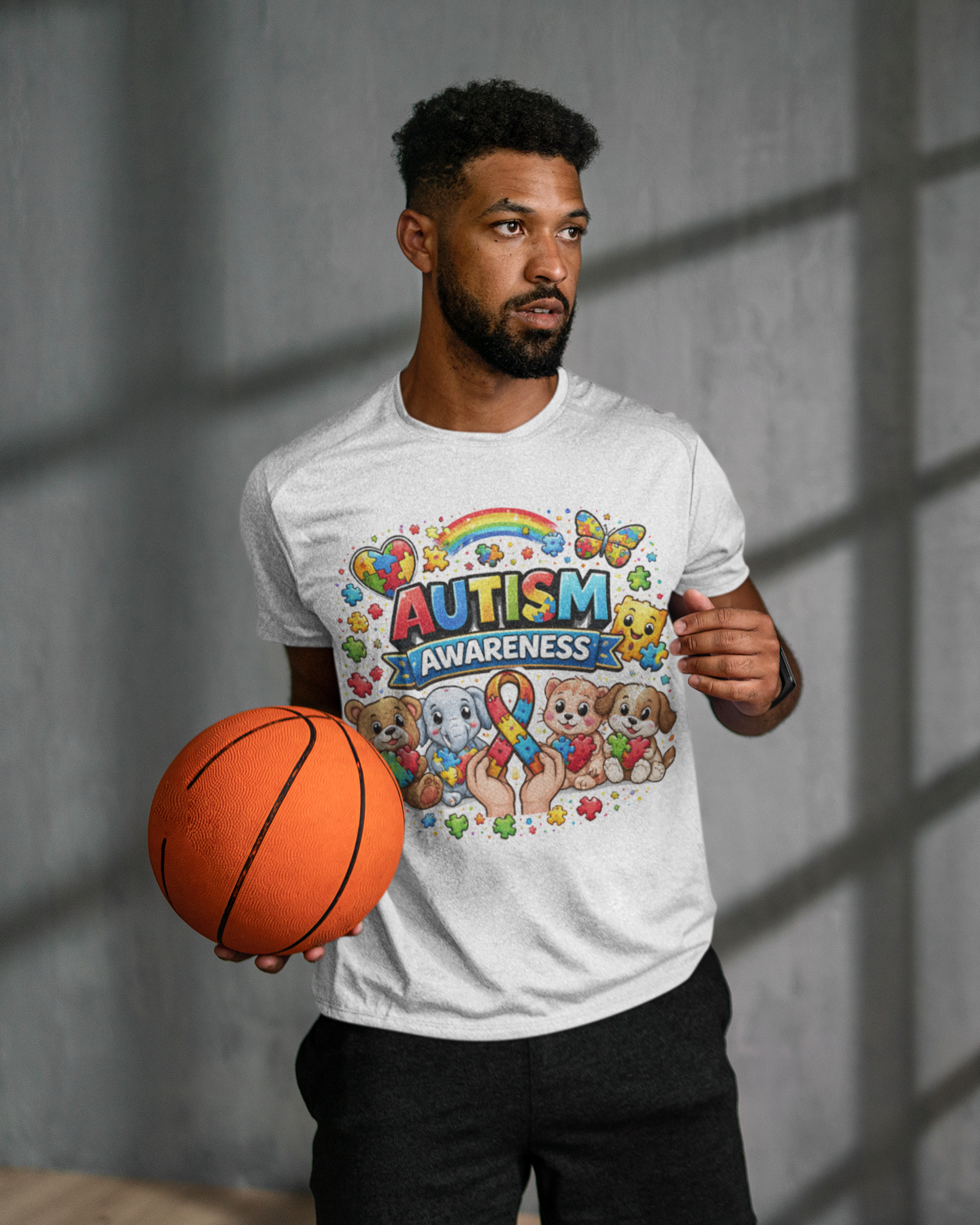 Autism Awareness T-shirt — Colorful Puzzle Ribbon & Cute Animals