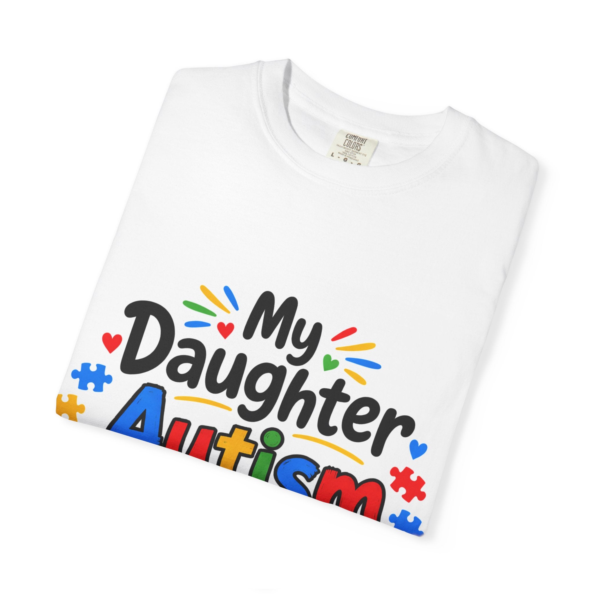 My Daughter Autism Rocks T-Shirt — Colorful Puzzle Heart Rock Sign Support Tee