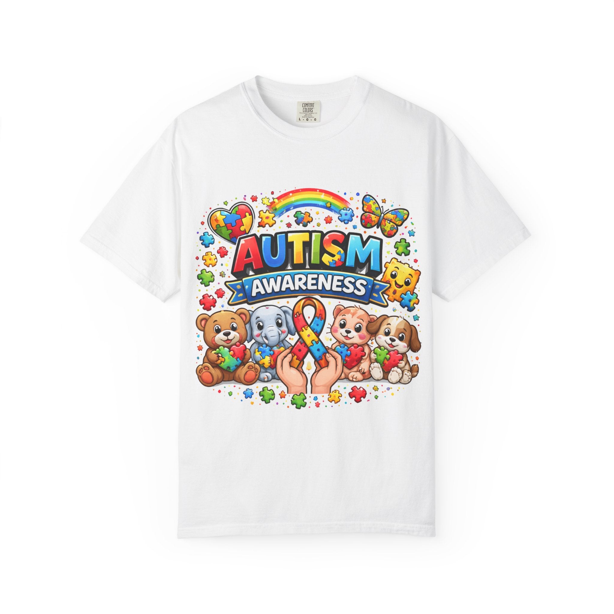 Autism Awareness T-shirt — Colorful Puzzle Ribbon & Cute Animals