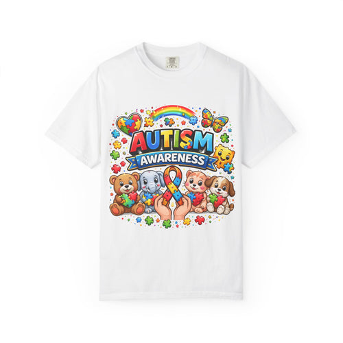 Autism Awareness T-shirt — Colorful Puzzle Ribbon & Cute Animals